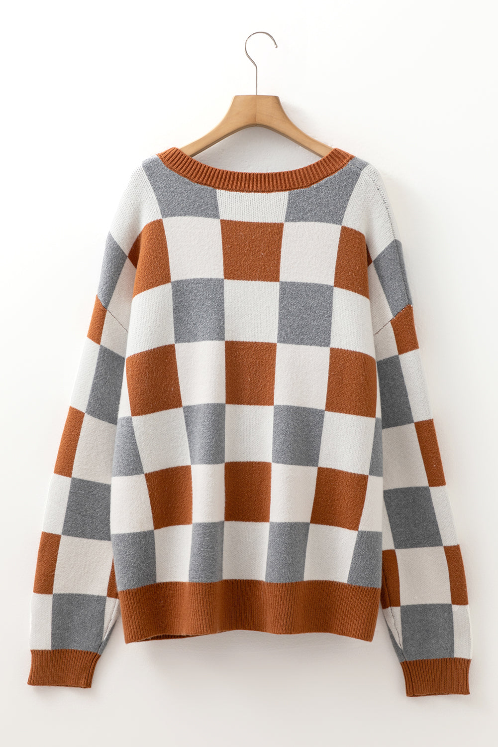 Brown Plus Size Checkered Crewneck Sweater Cozy Knit Dear-Lover Dropshipping